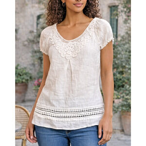 Alessia Pacini Linen Blouse Womens S Ivory Lace Embroidered Boho Made in Italy